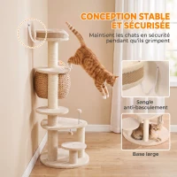 PawHut Arbre à Chat Tour pour Chat en Rotin Design 4 Niveaux avec Niche Quenouille Panier Jute et Coussin 132cm Beige(m-7)