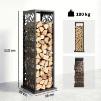 Outsunny Brandhoutrek 38 x 38 x 112 cm, verhoogd haardhoutrek met 4 haken, decoratieve uitsparingen, staal, tot 100 kg(m-3)