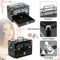 HOMCOM Maletín de Maquillaje Bisutería Organizador Cosméticos Portátil Múltiples Niveles Con Asa y Bandejas Desplegables Aleación de Aluminio 30x18,5x22 cm Transparente y Negro(m-4)