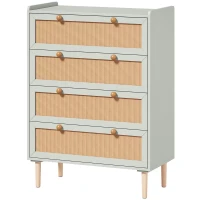 HOMCOM Cómoda 4 cajones de madera y ratán PVC, Estilo bohemio, para dormitorio, entrada, pasillo, 80x40x109,2cm, Verde salvia(m-1)