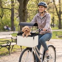 PawHut Hondenfietsmand Voorop 2-in-1, Draagbare Fietsmand met Kap, Veiligheidslijn, Schouderriem en Zijvakken, tot 5 kg(m-2)