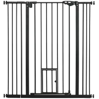PawHut Barrera de Seguridad Extensible con Puerta Pequeña Cierre Automático y Sistema de Doble Bloqueo 74-101x104,1 cm Negro(m-1)