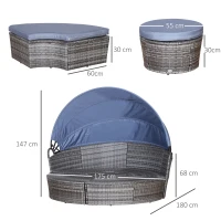Outsunny Outdoor PE Rattan Garden Furniture with Cushioned, Patio Wicker Conversation Furniture Set, Round Daybed with Retractable Canopy, Coffee Table and Three Pillows, Grey/Blue Grey(m-4)