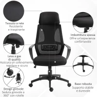 Vinsetto Sedia da Ufficio Reclinabile con Poggiatesta e Supporto Lombare, in Poliestere, 64x55x116-126 cm, Nero(m-7)