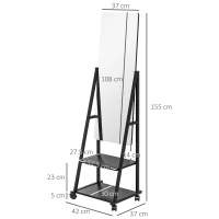 HOMCOM Free Standing Dressing Mirror, Rolling Full Length Mirror on Wheels with Adjustable Angle, Storage Shelves for Bedroom(m-3)