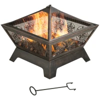 Outsunny Outdoor Fire Pit, Metal Square Firepit Bowl with Spark Screen, Poker for Patio, Camping, 61 x 61 x 52cm, Black(m-1)