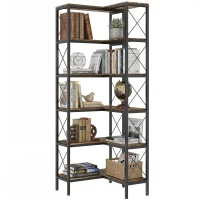 HOMCOM 5-Tier L-Shaped Bookshelf, Freestanding Corner Bookcase with Metal Frame, Rustic Brown(m-11)