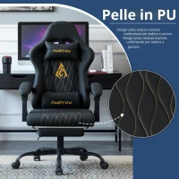 Sedia da gaming con poggiapiedi, morbido cuscino per collo e lombare, cuscini di supporto rimovibili, 60x60x122 cm, Nero(m-7)