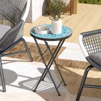 Outsunny Mosaic Outdoor Garden Table, 35.5cm Round Folding Coffee Table with Metal Frame for Balcony Terrace, Blue(m-10)