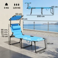 Outsunny Espreguiçadeira de Jardim com Toldo Ajustável Encosto Regulável em 4 Níveis Apoio de Cabeça para Terraço 70x200x45 cm Azul Claro(m-3)