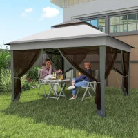 Gazebo Outsunny cu Plase Reglabil pe 3 Nivele, din Oțel și Material Oxford, 326x326x272 cm, Gri Deschis și Închis(m-2)