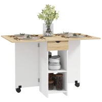 HOMCOM Mesa de Cocina Plegable con Ruedas Alas Abatibles Cajón y Estantes para 2-4 Personas 120x72x75 cm Roble y Blanco(m-11)