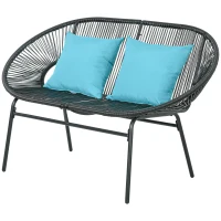 Outsunny Divano da Giardino 2 Posti in Rattan PE e Acciaio con Cuscini e Braccioli, 132x72x83 cm, Nero(m-11)