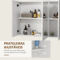 kleankin Armário Casa de Banho com Espelho e Luz LED com 3 Portas Prateleiras Ajustáveis e Interruptor Tátil 90x15x70 cm Branco Brilhante(m-6)