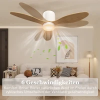 HOMCOM Plafondventilator met instelbare verlichting en afstandsbediening 115 cm, 3 kleuren, 3 bladen, 6 snelheden, timer, Naturel(m-5)
