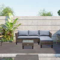 Outsunny 3 Pcs Garden Sofa PE Rattan Set w/ 2 Seats Square Glass Top Coffee Table Thick Cushions Solid Legs Metal Frame Patio Outdoor Balcony Patio L Corner Shape - Grey(m-2)