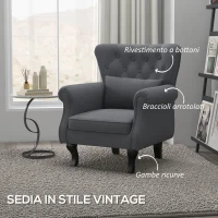 HOMCOM Poltrona da Salotto Vintage in Tessuto con Cuscino Lombare e Imbottitura, Grigio Scuro(m-3)