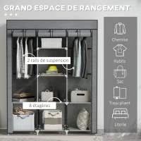 HOMCOM Armoire penderie multi-rangement - 8 étagères, 2 barres - non tissé gris(m-4)