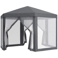 Outsunny 4M Hexagon Gazebo, Netting Party Tent, Patio Canopy Outdoor Event Shelter for Activities, Shade Resistant, Grey(m-10)