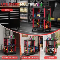 HOMCOM Cărucior pentru Unelte cu 3 Nivele din Plastic cu Panou Lateral Perforat, Negru și Roșu(m-6)