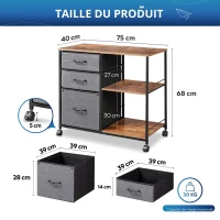 Caisson à roulettes avec dossiers suspendus, large plateau en bois comme support pour imprimante, 4 roulettes (2 verrouillables), 75,5x40x67,5 cm, Marron(m-1)