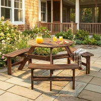 Outsunny Wooden Garden Dining Set, 6 Seater Round Dining Picnic Table with Matching Bench, Garden Furniture Set with Parasol Hole for Outdoor Patio Party and Family Gatherings, Carbonized(m-2)