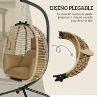 Outsunny Silla Colgante con Soporte Cesta Plegable Cojín y Reposacabezas para Interior y Exterior Carga 120 kg Beige(m-5)