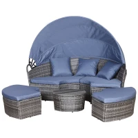 Outsunny Outdoor PE Rattan Garden Furniture with Cushioned, Patio Wicker Conversation Furniture Set, Round Daybed with Retractable Canopy, Coffee Table and Three Pillows, Grey/Blue Grey(m-14)