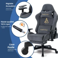 Chaise gaming avec repose-pieds, simili-suède respirant, réglable en hauteur avec vérin à gaz, pivotante, 70x70x135 cm, Gris(m-6)