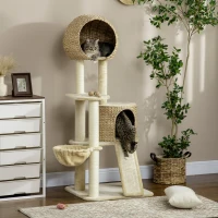 PawHut kattenboom, met kattenhuis, meerdere platforms, hangmat, krasmat, kantelbescherming, beige, 60 x 60 x 150 cm(m-2)
