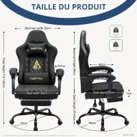 Fauteuil gamer avec repose-pieds, coussin doux pour la nuque et les lombaires, coussin de soutien amovible, 60x60x122 cm, Noir(m-3)