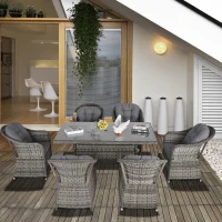Outsunny 7Pz Set Tavolo e Sedie da Giardino in Rattan con Vetro Temperato da 5mm, Salottino di Lusso da Giardino con Foro per Ombrellone, Grigio(m-2)