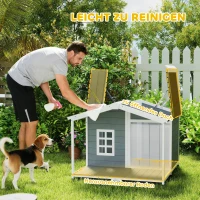 PawHut Hondenhok weerbestendig verhoogd hondenhuis van hout met asfaltdak, veranda, voor middelgrote honden 103x107x83,5cm Grijs(m-5)