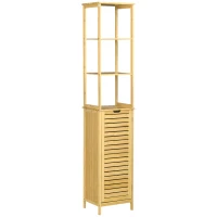 kleankin Badkamerkast, Hoge Kast met Drie Planken en een Kastvak met Lamellendeur, Kantelbeveiliging, Bamboe, 34 x 30 x 173 cm(m-1)