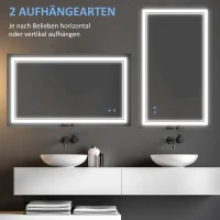 kleankin Badkamerspiegel met LED-verlichting, geheugenfunctie, aanraakschakelaar, spatwaterdicht, zilver(m-7)