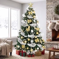 HOMCOM Weihnachtsbaum 180cm mit 200 warmweißen LEDs, 8 Modi, 800 feuerhemmende Zweige, Kugeln, Bänder, Schleifen(m-6)