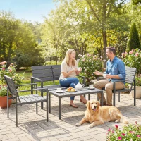 Outsunny 4 Piece Garden Furniture Set, Outdoor Sofa Set with HDPE Slatted Loveseat Armchairs Coffee Table Metal Frame, Dark Grey(m-9)