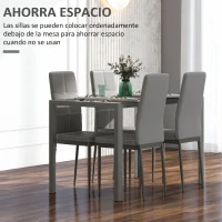 HOMCOM Conjunto de Comedor de Mesa y 4 Sillas 5 Piezas Mesa Rectangular de Vidrio Templado y Sillas Tapizadas en PU Gris(m-4)