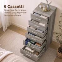 HOMCOM Cassettiera Moderna a 6 Cassetti per Camera, 40x40x110 cm, Grigio(m-4)