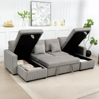 HOMCOM Divano Letto Moderno a U con 2 Chaise Longue e Vani Contenitore, Velluto a Coste, 282x140x86 cm, Grigio(m-9)
