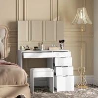 HOMCOM Set Masă de Toaletă cu Oglindă și 5 Sertare 97,2x44,5x136,5 cm și Taburet Căptușit 40x24x46 cm, Alb(m-2)