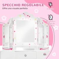 HOMCOM Toeletta per Bambini con Sgabello, Tavolo Trucco con Triplo Specchio e Cassetto, 63x40x85.5cm, Bianco(m-6)