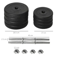 HOMCOM Set Gantere cu Greutăți de 20 kg (4x2.5 kg, 4x1.5 kg) cu 8 Discuri și 2 Gantere de 2 kg, 43x18x7.5 cm, Negru(m-3)