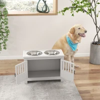 PawHut Comedero Perro Elevado con 2 Cuencos de Acero Inoxidable 2x2 L con Almacenamiento 37L y 2 Puertas con Pestillos Blanco(m-8)