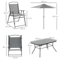 Outsunny Conjunto de Jardim Refeição de 8 Peças com 6 Cadeiras Dobráveis Mesa  e Chapéu de Sol Inclinável Cinza(m-3)