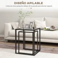 HOMCOM Juego de Mesas de Centro Apilables con Encimera de Vidrio Templado y Marco de Acero 33x33x45,5 cm y 42x42x51 cm Negro(m-4)