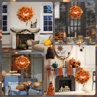 Outsunny Halloween-krans, griezelpompoenontwerp, herfstblaadjes, lichteffecten, kunststof(m-5)