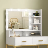 HOMCOM Toucador de Maquilhagem com Luz e Banco Mesa de Maquilhagem com 2 Gavetas e Prateleiras Estilo Moderno para Quarto Branco(m-9)