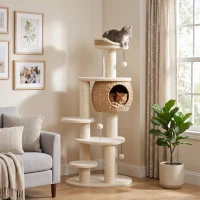 PawHut Grote krabpaal van 132 cm met handgevlochten kattenhuis van lisdodde, sisalpalen, ligbed, 3 speelballen en anti-kantelband, voor 1-2 katten tot 6 kg(m-8)