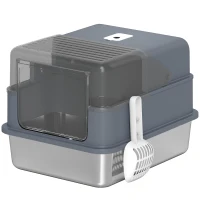 PawHut Katzentoilette aus Edelstahl M, geschlossen 2-in-1, abnehmbare Haube, hoher Rand, Schaufel, leicht zu reinigen, Grau(m-1)